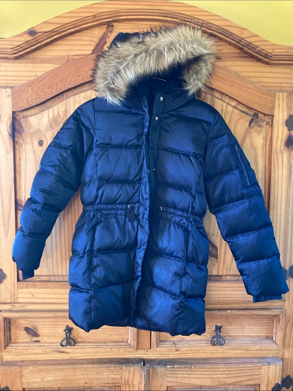 Girls Gap Kids dark blue down faux fur trim hooded parka coat size XXL